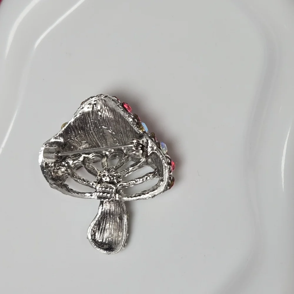 Pink Rhinestone Mushroom Brooch Sparkly Silver Toadstool Whimsigoth Lapel Pin